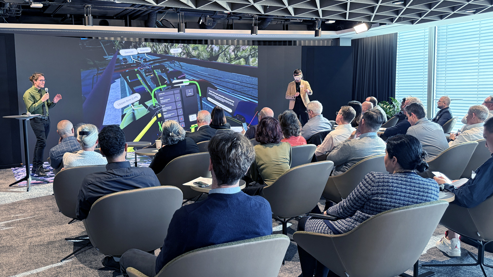 TransiT researchers Andrew Goodsell and Daniel Mitchell showcasing virtual reality visualisations.