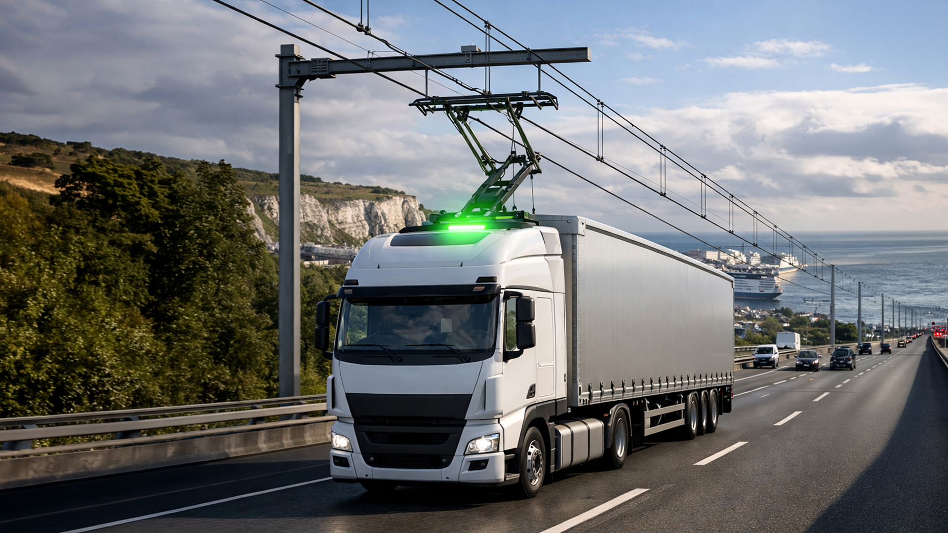 Visualisation of a truck on an ‘electric highway,’ powered by overhead cables, outside the Port of Dover.
